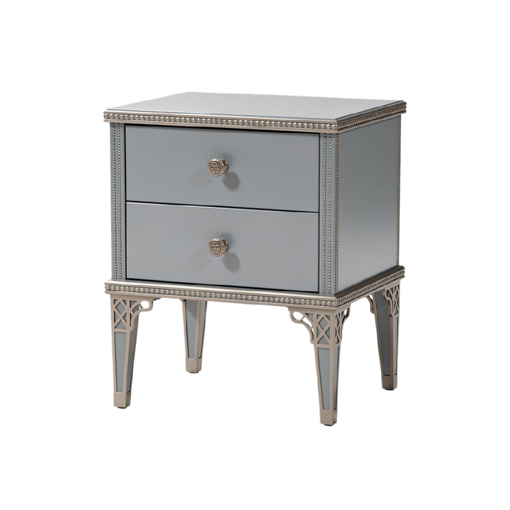 Elegant Two-Drawer Bedside Table with Decorative Knobs and Classic Design