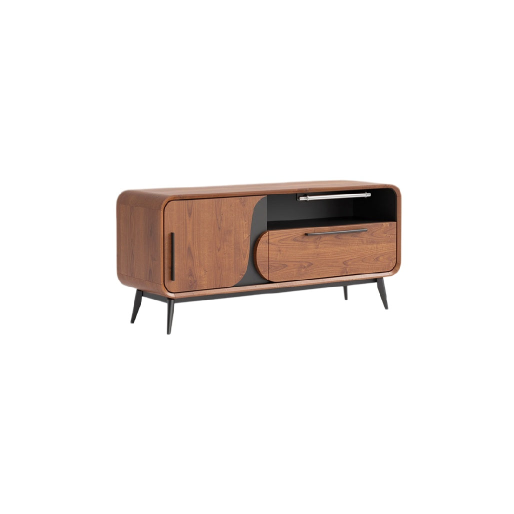 Mid-Century Modern Wooden TV Stand with Black Accents and Storage Drawers