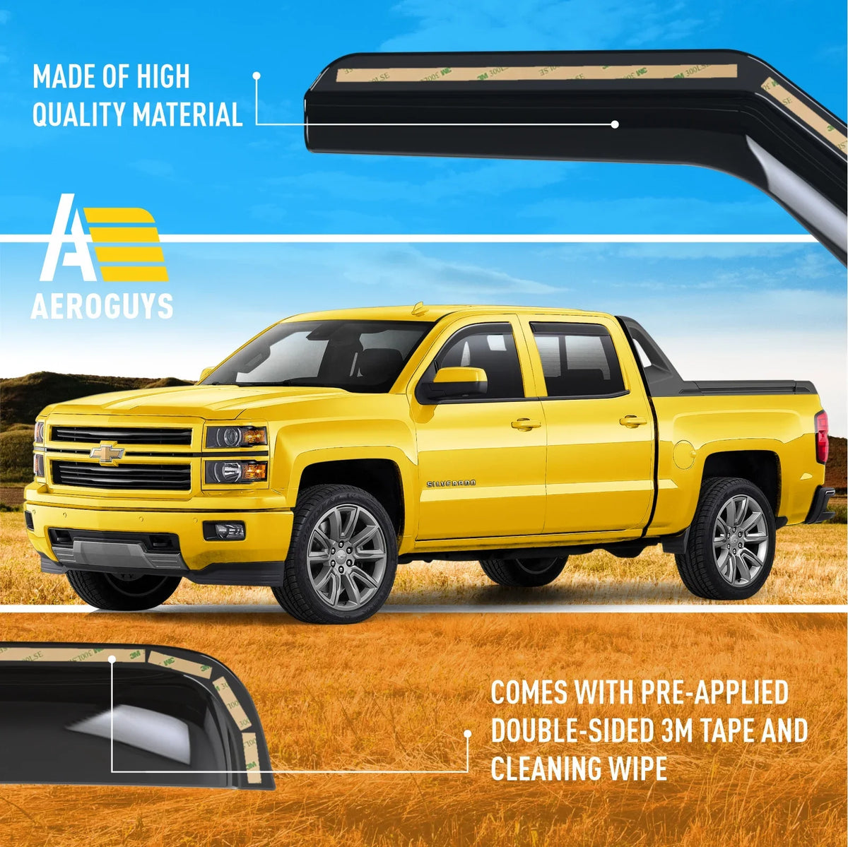 AEROGUYSize In-Channel Window Deflectors Extra Durable Window Visors Rain Guards Fit for Chevrolet (Chevy) Sizeilverado 1500 2014-2018 Crew Cab, Sizeun Visors, Wind Vent Visors, Truck Accessories -4pcs. AG0421