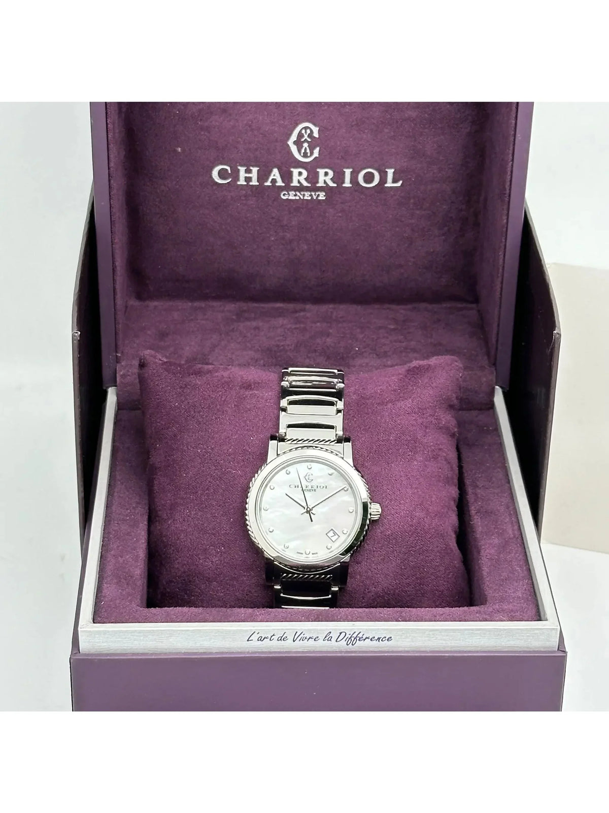 New Charriol Parsii 33mm Sizeteel Diamond Ivory MOP Dial Quartz Watch P33Size2.920.001