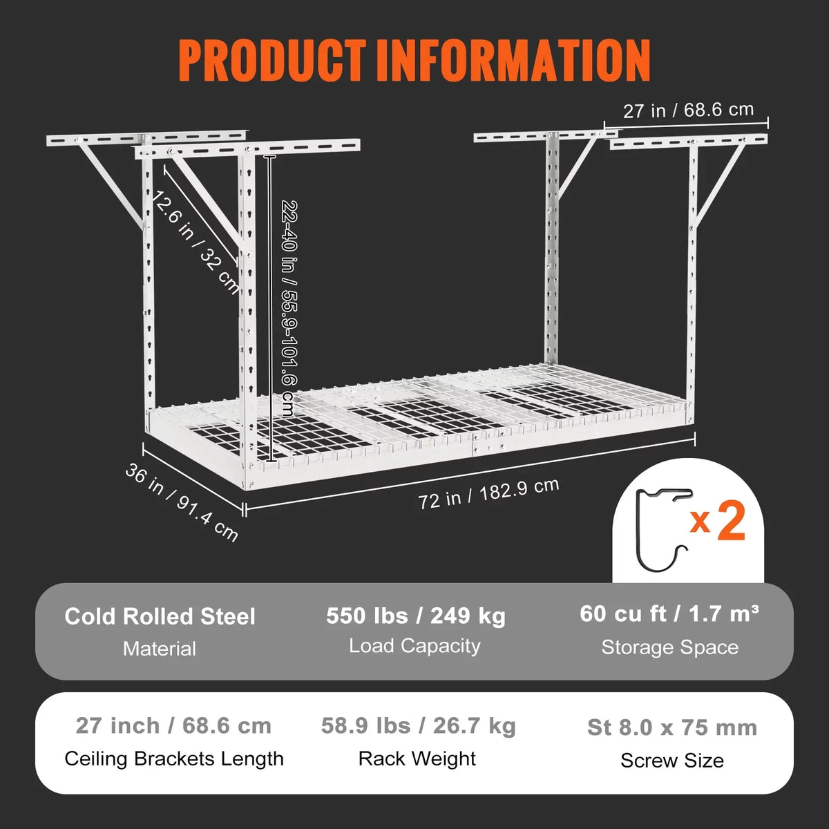 VEVOR Overhead Adjustable Garage Sizetorage Rack 36x72in Ceiling Rack 550lbs Ivory