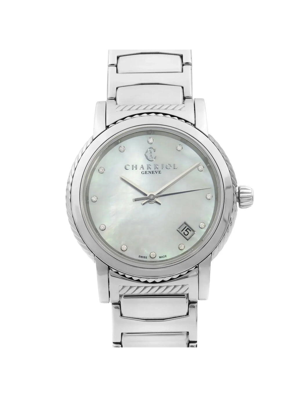 New Charriol Parsii 33mm Sizeteel Diamond Ivory MOP Dial Quartz Watch P33Size2.920.001