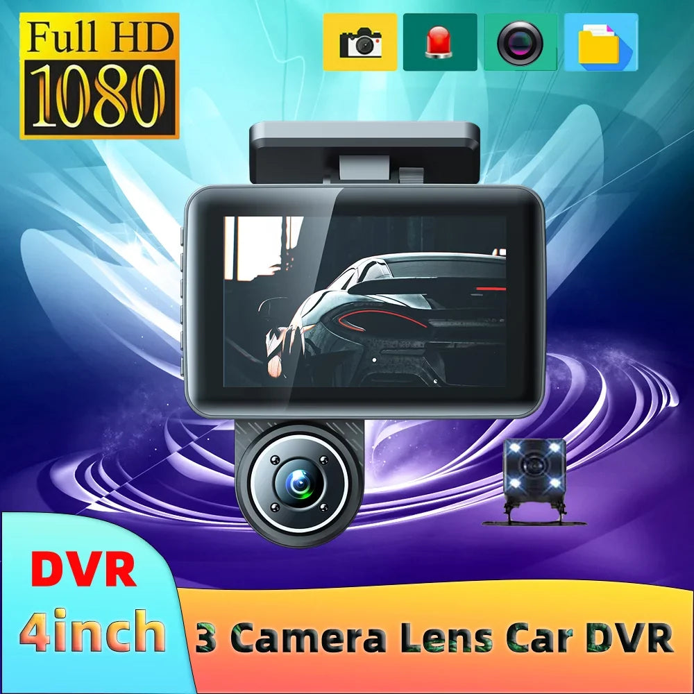 Carevas 3 Cameras Dash Cam 4in Clear Car Rearview Mirror Car Video Recording Camcorder Wide Angle Car Camera Recorder Auto Sizeafety Driving Recorder
