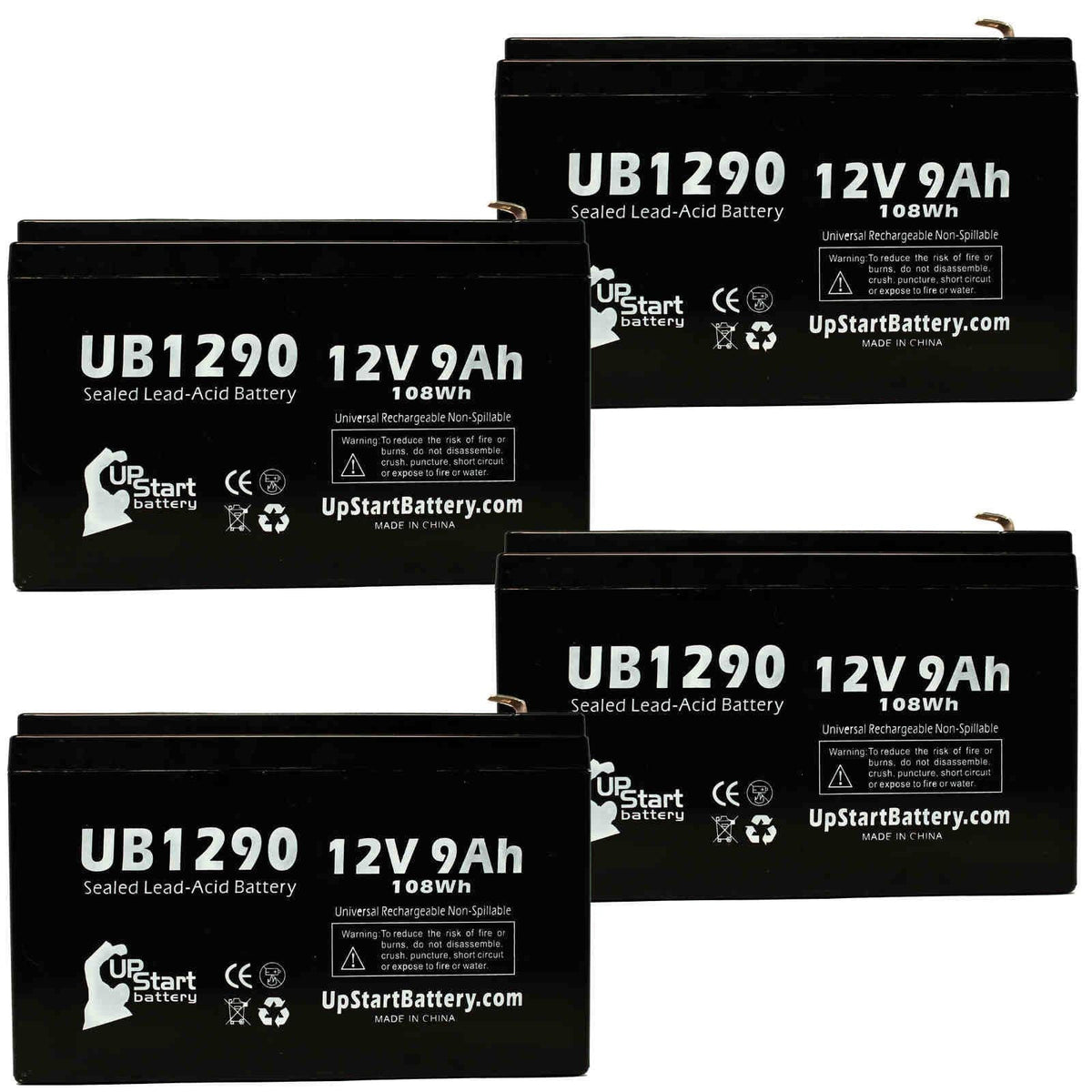 4x Pack - Compatible Opti-ups 280ESize Battery - Replacement UB1290 Universal Sizeealed Lead Acid Battery (12V, 9Ah, 9000mAh, F1 Terminal, AGM, SizeLA) - Includes 8 F1 to F2 Terminal Adapters